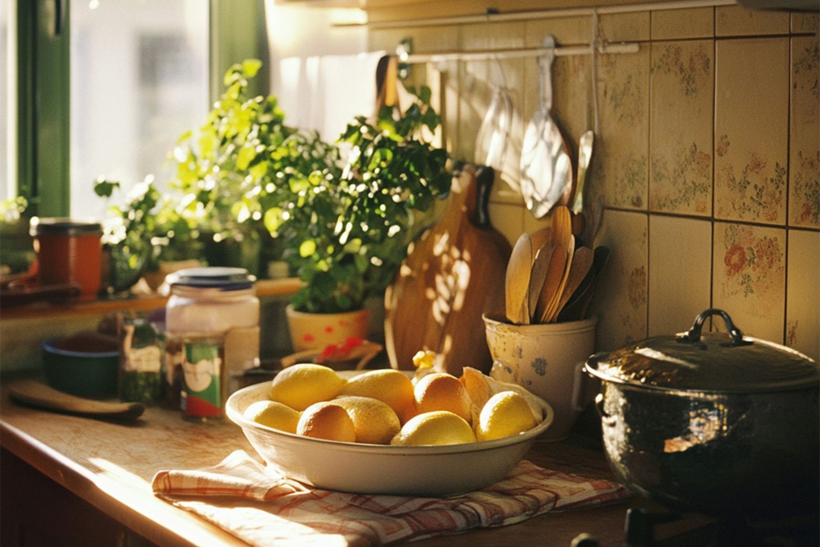 Sunlit kitchen counter with fresh herbs, lemons and wooden utensils