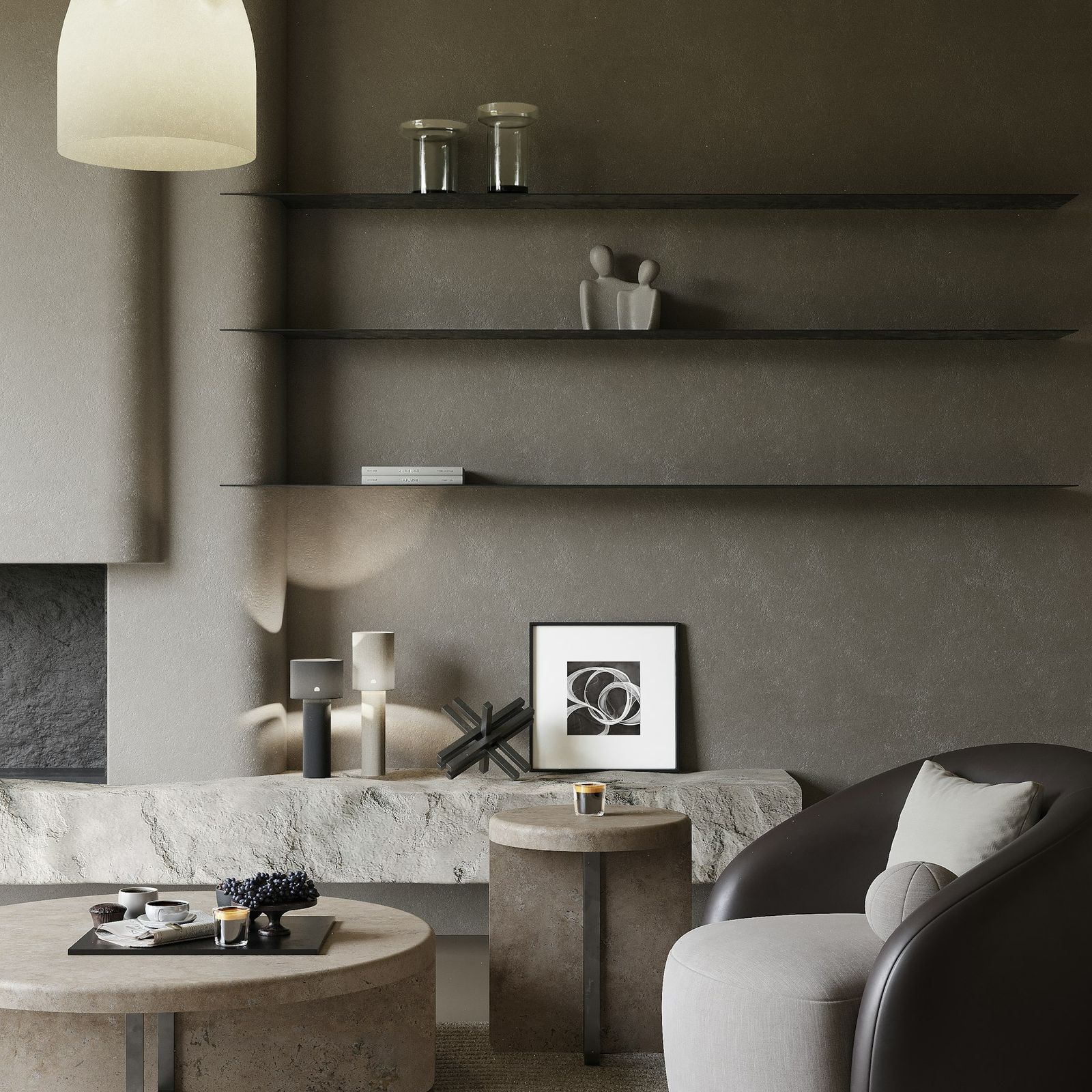 Minimal living room with plaster shelves, stone and a low sofa